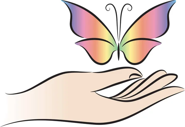 Cartoon Human Hand Holding Beautiful Butterfly Isolated White Background — Stock Vector