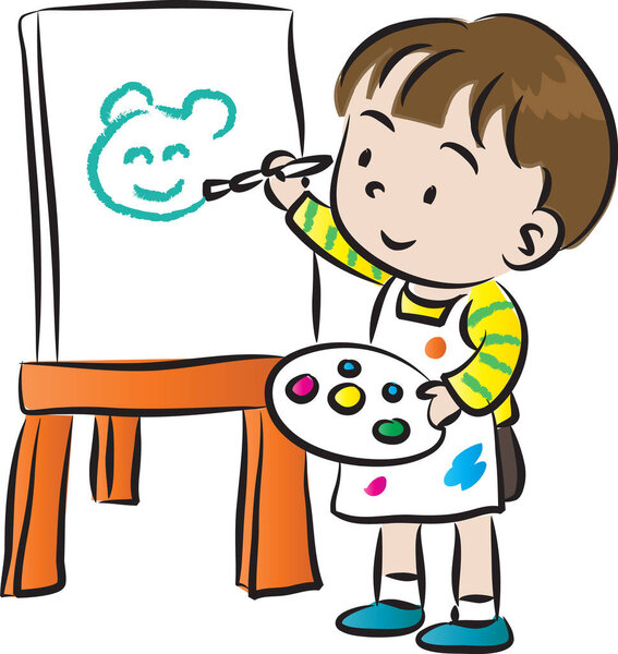 мультяшный мальчик рисунок с кистью изолированы на белом фоне, вектор, иллюстрация 