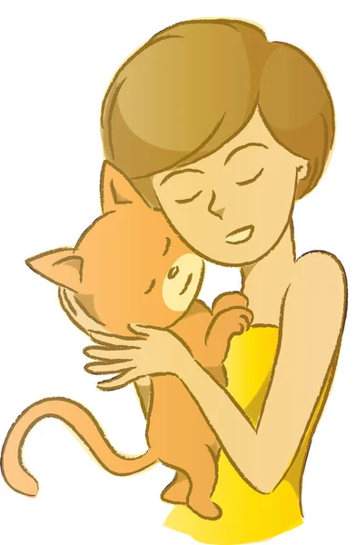 Tarjeta Con Dibujos Animados Hermosa Chica Sosteniendo Gato Manos Aisladas — Vector de stock