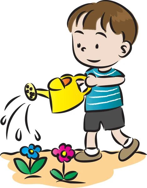 Çiçekleri sulandıran çizgi film çocuğu beyaz arka plan, vektör, illüstrasyon üzerinde izole edilmiş.  
