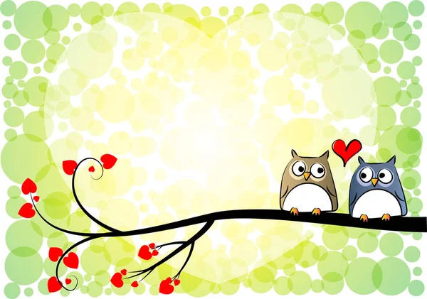 Ρομαντική Κάρτα Κουκουβάγιες Κλαδί Δέντρου Φύλλα Σχήμα Καρδιάς Που Απομονώνονται — Διανυσματικό Αρχείο