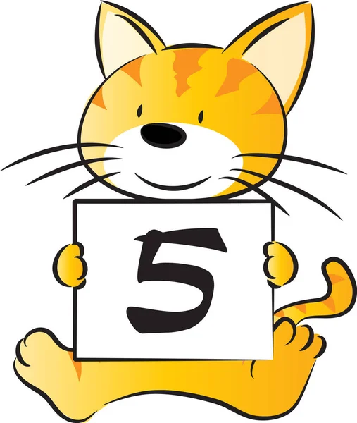 5番の教育概念を持つ漫画のかわいい猫の保持カード — ストックベクタ