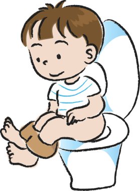 çizgi filmci çocuk beyaz arka planda, vektörde, resimde izole bir şekilde klozette oturuyor. 