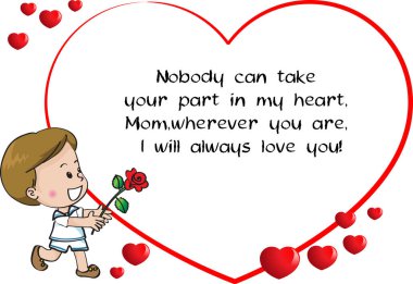 Çizgi filmdeki sevimli çocukla tebrik kartı ve teşekkürler mesajı, Anneler Günü konsepti. 