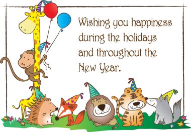 Çizgi film hayvanlarıyla dolu tebrik kartı, mutlu yıllar konsepti. 