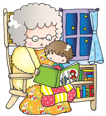 Evde torununa kitap okuyan sevimli bir büyükanne, eğitim konsepti. 