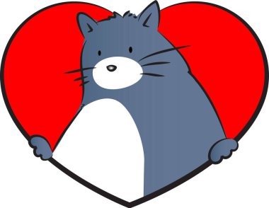 beyaz arka planda izole edilmiş kalbi olan küçük sevimli bir kedi. Romantik bir kavram. 