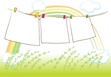 Çayırda ipte asılı boş kağıt dekoratif kartlar koleksiyonu, aşk konsepti 