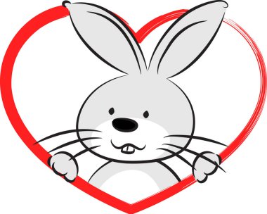 Kalbinde beyaz arka planda izole edilmiş küçük sevimli tavşan, romantik bir kavram. 