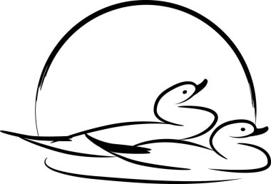 Fırça darbeleri ay ve ördeklerin el çizimleri, romantik konsept 