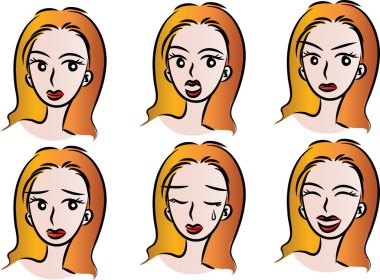 Beyaz arka planda, vektörde, resimde izole edilmiş saç stilleri olan bir dizi güzel kız.