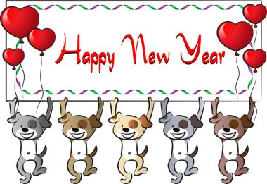 Kupa balonlu kart tutan sevimli köpekler ve mesaj. Mutlu yıllar.  