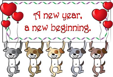 karikatür sevimli köpekler kalp balonları ve selamlama mesajı ile kart tutuyorlar.   