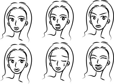 Beyaz arka planda, vektörde, resimde izole edilmiş saç stilleri olan bir dizi güzel kız.