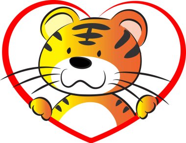 Beyaz arka planda izole edilmiş kalbi olan küçük sevimli kaplan. Romantik bir kavram. 