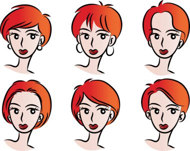 Beyaz arka planda, vektörde, resimde izole edilmiş saç stilleri olan bir dizi güzel kız.