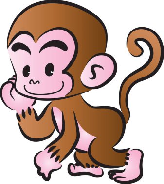 Beyaz arkaplanda, vektörde, resimde izole edilmiş şirin çizgi film maymunu