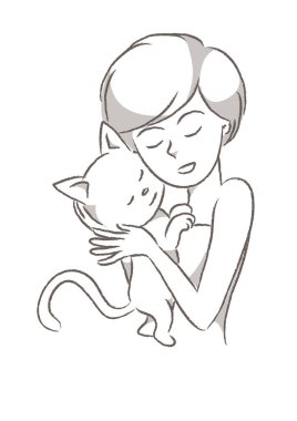 Beyaz arka plan, vektör, illüstrasyon, kedi sevici kavramı üzerine izole edilmiş kediyi elinde tutan güzel bir kızın olduğu kart. 