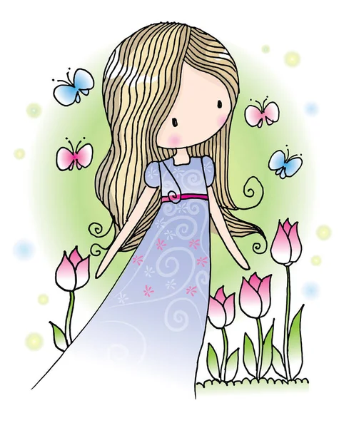 Desenho Animado Menina Bonita Vestido Com Flores Vetor Ilustração — Vetor de Stock