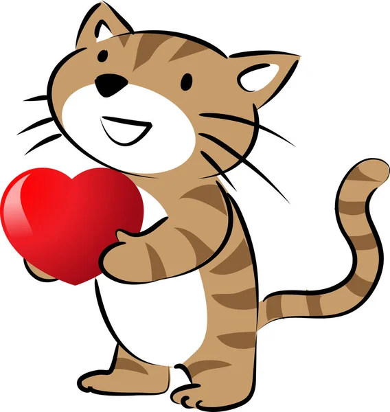 Tecknad Söt Liten Katt Med Hjärtat Isolerat Vit Bakgrund Romantisk — Stock vektor