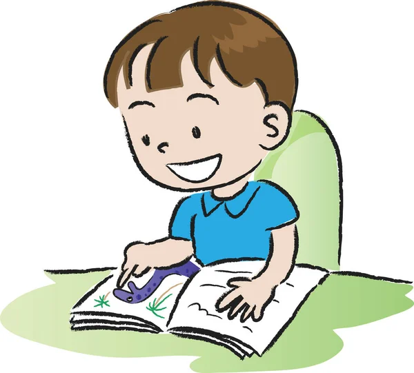 漫画かわいい男の子読書本やテーブルに座って教育の概念 — ストックベクタ