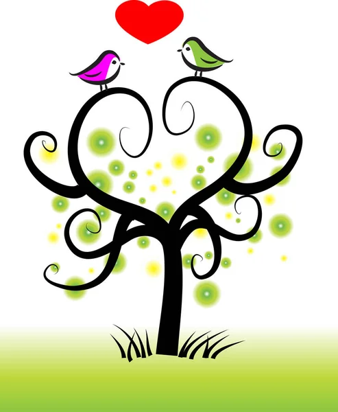 Romantyczna Karta Ptaków Siedzących Drzewie Kształcie Serca Białym Tle — Wektor stockowy