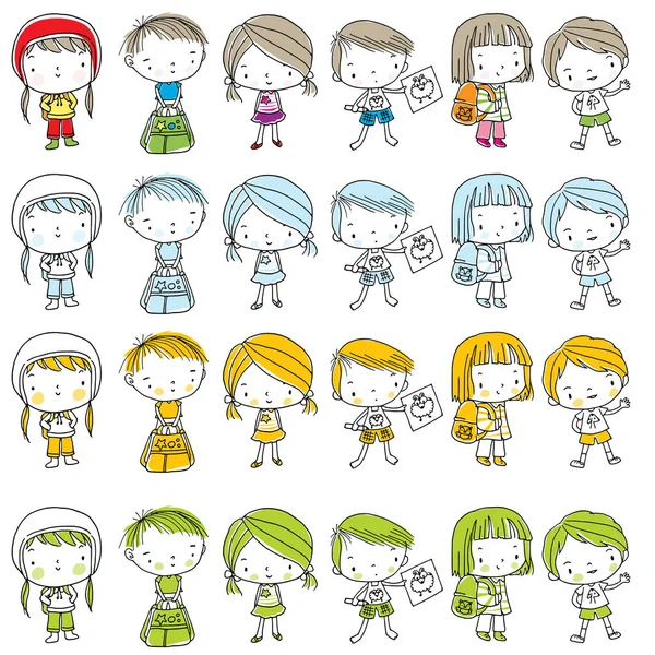  Çizgi film kızları ve erkekleri beyaz arka planda izole edilmiş.