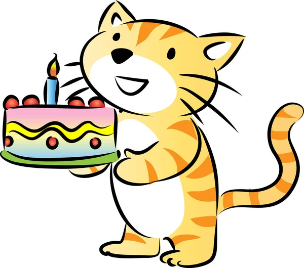 Dessin Animé Mignon Petit Chat Tenant Gâteau Anniversaire Isolé Sur — Image vectorielle