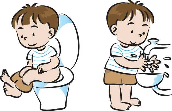 Tatlı çocukların el yıkama ve klozette oturmalarının vektör çizimi