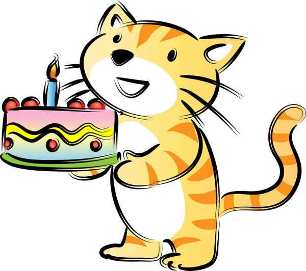 Cartoon Niedliche Kleine Katze Hält Geburtstagstorte Isoliert Auf Weißem Hintergrund — Stockvektor