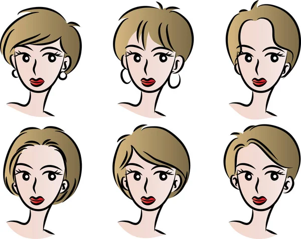 Beyaz arka planda, vektörde, resimde izole edilmiş saç stilleri olan bir dizi güzel kız.