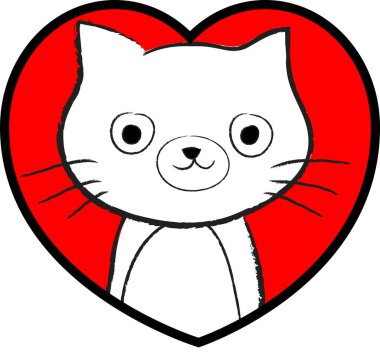 beyaz arka planda izole edilmiş kalbi olan küçük sevimli bir kedi. Romantik bir kavram. 