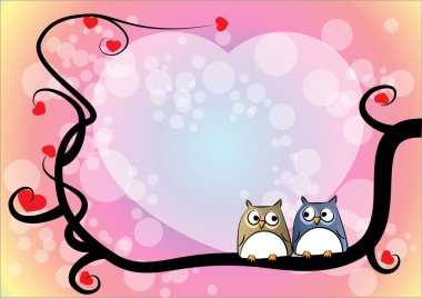 Beyaz arka planda kalp şeklinde yaprakları olan ağaç dalındaki baykuşların romantik kartı, 