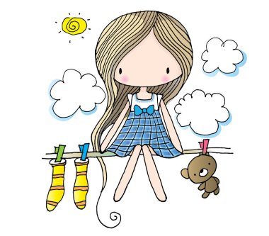 Bulutları olan sevimli bir kızın vektör çizimi