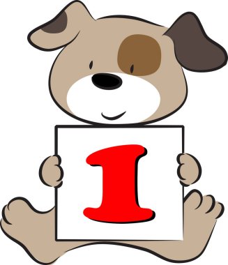 çizgi film sevimli köpek tutma kartı 1 numara, eğitim konsepti.  