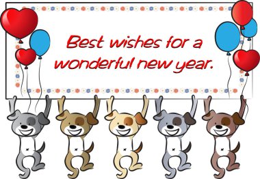 karikatür sevimli köpekler kalp balonları ve yeni yıl için selamlama mesajı ile kart tutuyorlar.   