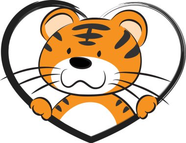 Beyaz arka planda izole edilmiş kalbi olan küçük sevimli kaplan. Romantik bir kavram. 