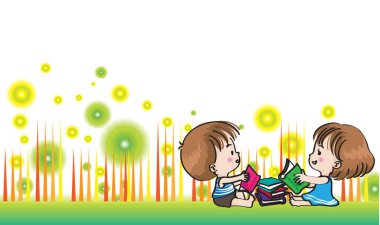 Kitap okuyan bir kız ve erkek çocuğu.