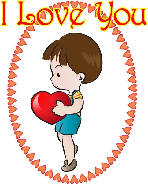 Karta Kreskówki Cute Boy Trzyma Serce Tekst Kocham Cię — Wektor stockowy