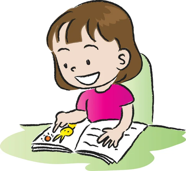 Dessin Animé Fille Mignonne Lecture Livre Assis Table Concept Éducation — Image vectorielle