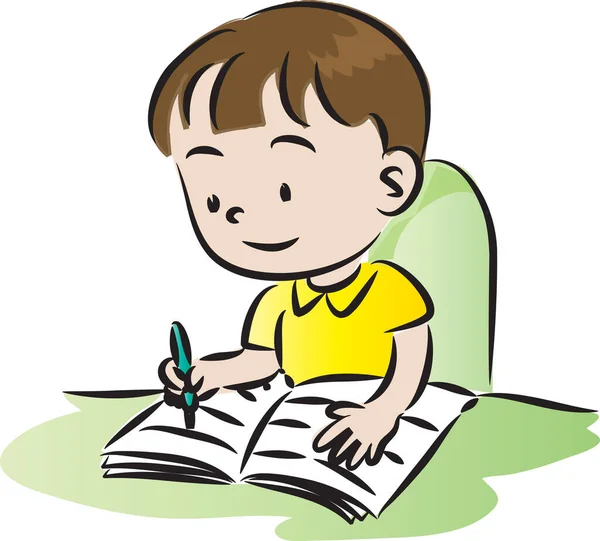 Cartoon Boy Escrita Com Caneta Isolada Sobre Fundo Branco Vetor — Vetor de Stock