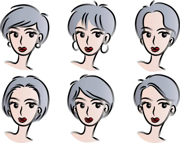 Beyaz arka planda, vektörde, resimde izole edilmiş saç stilleri olan bir dizi güzel kız.