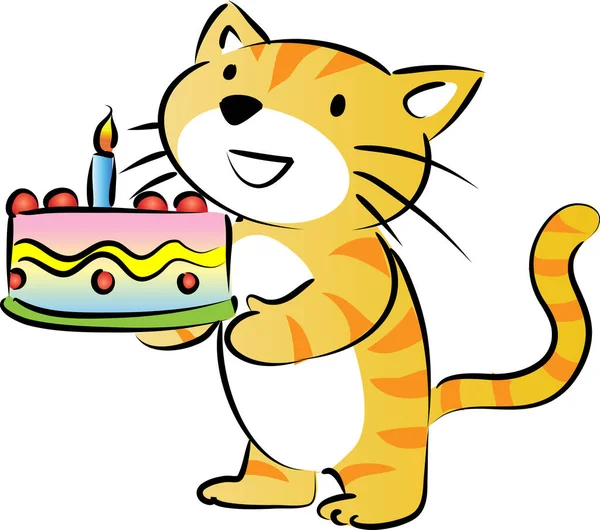 Cartoon Niedliche Kleine Katze Hält Geburtstagstorte Isoliert Auf Weißem Hintergrund — Stockvektor