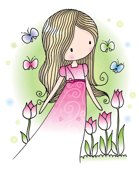 Cartoon Mooi Meisje Jurk Met Bloemen Vector Illustratie — Stockvector