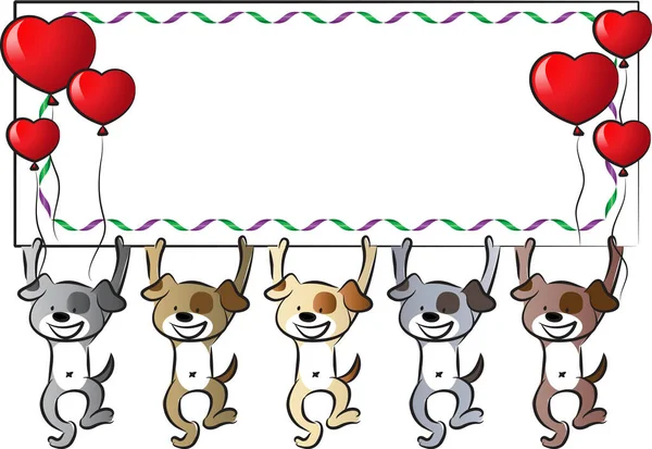 Καρτούν Χαριτωμένα Σκυλιά Κρατώντας Άδεια Λευκή Κάρτα Μπαλόνια Καρδιές — Διανυσματικό Αρχείο