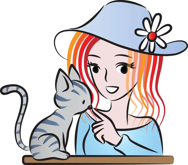 Card Cartoon Beautiful Girl Holding Cat Hands Isolated White Background — Stock Vector