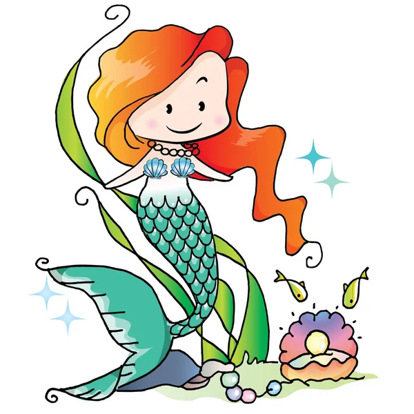 karikatür perisi okyanustaki küçük deniz kızı beyaz arka planda, vektörde, resimde izole edilmiş.