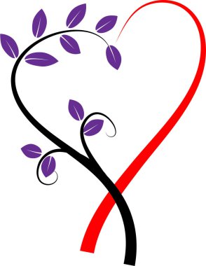 Beyaz arkaplanda ağaç dalları olan renkli düz kalp logosu, 