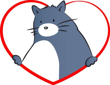 beyaz arka planda izole edilmiş kalbi olan küçük sevimli bir kedi. Romantik bir kavram. 