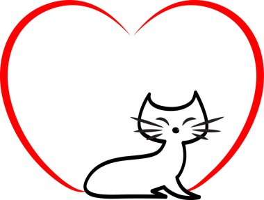 beyaz arka planda izole edilmiş kalbi olan küçük sevimli bir kedi. Romantik bir kavram. 